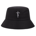 Unisex Anglerhut aus schwarzer Baumwolle mit weißem Faith-Kreuz-Stickerei in Flachlage - Einheitsgröße / Schwarz