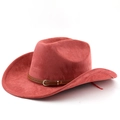 Détails du chapeau de cowboy rose avec ceinture en cuir marron et boucle dorée - M(56-58cm) / Rouge Brique