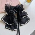 Elegant black oversized organza bow hair claw clip with white pearls for women - Pearl Ribbon Black