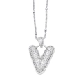 Silver-finish letter V pendant necklace with micro-pave cubic zirconia on thin chain - Letter V / Silver
