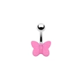 Detailed close-up of a silver belly ring featuring a cute pink resin butterfly charm - Rose Red Butterfly