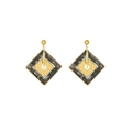 French style grey marble resin drop earrings with gold geometric diamond frame - Gold Black