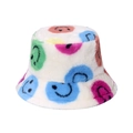 Cappello a secchiello in peluche colorato con motivi a faccina e finta pelliccia di coniglio - M(56-58cm) / Bianco