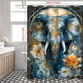 Detailansicht eines Duschvorhangs mit Elefanten- und Lotosblumenmuster in Blau-Gold-Optik - 90*180cm / Grün