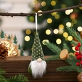 Detail of green knitted Christmas gnome ornament with white beard on tree branch - Green Type A