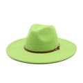 Detail of neon green wool fedora hat featuring a brown leather band and gold metal buckle - M (56-58cm) / Fruit Green