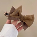 Pasador de pelo vintage francés con lazo doble en lino marrón y tela organza - Clip de Pico de Pato Café Oscuro