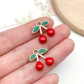 Sweet red cherry alloy pendant with green leaves and gold finish for DIY jewelry - Red Enamel 3D Fruit Cherry (10973)