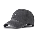 Distressed charcoal grey cotton baseball cap with small R embroidery on white background - Black