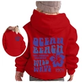 Kids red oversized hoodie with Ocean Beach California vintage back print and hood - 100cm / Red (Purple Print)