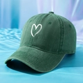 Detailed macro view of heart print on washed dark green cotton twill baseball cap - One Size (57-59cm) / Dark Green