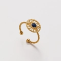 Macro detail of gold-plated sun-shaped ring with twisted band and blue gemstone inlay - Blue Tiger Eye Sun (ZJ226)