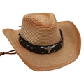 Detail of western straw cowboy hat featuring black leather band and silver bull head emblem - Camel Red Brown (Black Bull)
