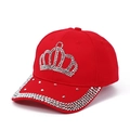 Detail of red denim baseball cap with silver rhinestone crown pattern and brim edge - Adjustable / Rose Red