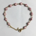 Adjustable golden stainless steel chain bracelet with pink evil eye enamel beads - Rose Pink (B4201--M)