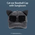 Dettaglio del cappello in denim grigio con orecchie da gatto 3D e occhiali da sole integrati - Adulto M (56-58cm) / Stile Occhiali con Orecchie da Gatto / Nero