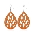 Detailed close-up of brown wooden teardrop earrings with intricate hollow leaf design - Style 45/Teardrop Fine Leaf Hollow