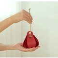 Elegant red velvet wedding candy bag with gold snap closure and leather strap detail - Small / Burgundy