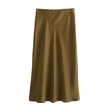 Elegant high-waisted satin midi skirt in olive green with a smooth silky texture - XS / Lemon Green