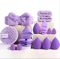Purple makeup sponge set with headband and round clean sponge on beige stone - Essential Full Set / Purple