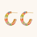 Detailed macro view of 18K gold plated C-shaped earrings with colorful enamel grid patterns - Quilted Enamel Hoop Earrings - Colorful