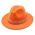 Orange wool felt fedora hat featuring a chunky gold chain strap on a white background - Single Orange Hat