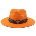 Detail of orange woven straw cowboy hat with brown leather band and silver bull head - Orange