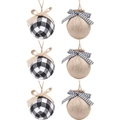 6-piece Christmas tree ball set with black and white plaid fabric and jute bows - 6cm Style 10 (Black White/Linen Combo)