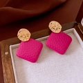 Vintage style square drop earrings with rose red leather texture and golden metal disk - Rose Red Leather Square (20# Silver Pin-Pink-Leather Irregular Studs)