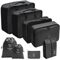 8-piece black travel organizer set with mesh packing cubes and drawstring bags for luggage - Drawstring Bag 8-Piece Set / Black