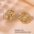 Macro view of gold knotted stainless steel stud earrings showing 2.37cm size and 7.3g weight - Stainless Steel Knot Woven Studs
