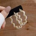 Vintage gold hoop earrings with intertwined white pearls and spiral texture design - 038/Big Hoop / Gold/White