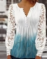 Women's V-neck long sleeve shirt in white gradient blue with lace and pleats - S / Tops / Gradient Blue