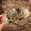 Golden moon and branch crown with labradorite and clear crystal on tree bark - Grey Labradorite+No.3 Crystal+Gold Branch+Gold Moon