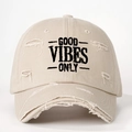 Detail view of khaki distressed baseball cap with Good Vibes Only black embroidery - One Size / Beige