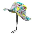 Détail du motif géométrique coloré style Memphis sur un chapeau de soleil extérieur avec cordon - M (56-58cm) / vert clair