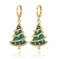 Close-up of golden Christmas tree earrings with green enamel and sparkling zircon stones - Christmas Tree Style (E1076)