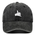 Washed black cotton baseball cap with shaka thumb gesture embroidery and curved brim - Black