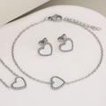 Three-piece stainless steel jewelry set with white heart shell pendants and fine chains - Necklace+Bracelet+Earrings / Steel Color Shell