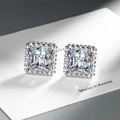 Square cubic zirconia stud earrings with intricate silver hollow carvings and beads - White Gold