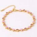 Verstelbare gouden armband met roze hart zirkoon en boze oog bedeltjes - 18K goud / Roze