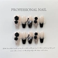 Uñas postizas artesanales con flores camelia 3D negras y detalles de diamantes mariposa - Extra Pequeño (XS) / Línea Negra Translúcida Camelia Mariposa