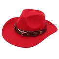 Chapeau de cowboy rouge classique à large bord et ceinture décorative à tête de taureau - M (56-58cm) / Rouge (Vache Pêche + Tête de Taureau Marron)