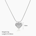 Collar con colgante de corazón de plata pulida en acero inoxidable con dimensiones - Solo Collar de Corazón 029 / Color Acero