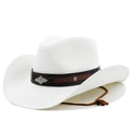 Detailed view of white woven cowboy hat with leather band, metal emblem and chin strap - M (56-58cm) / Pure White