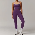 Dunkelviolettes zweiteiliges Yoga-Set mit weißem Rand, hoher Taille Leggings und Neckholder - S / Tank + Lange Hose / Kastanienbraun