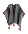 Detailed view of the multi-color knit poncho featuring deep purple and pink tassel trim - Cardigans / Lake Blue