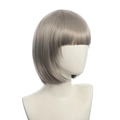 Detailed view of grey short bob wig with flat bangs on mannequin, soft synthetic fiber - Gray