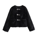 Detail shot of black faux fur jacket with silver metal buckles and symmetric pockets - XS / Black