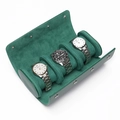 Premium dark green leather watch roll with three slots and soft velvet interior lining - Smooth Green - 3 Slots